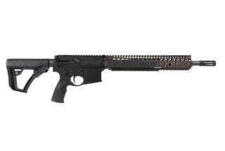 The Daniel Defense M4A1 5.56 rifle features a 14.5 inch pinned barrel and an FDE RIS II handguard